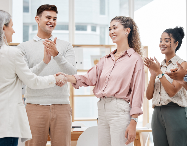 2 people clapping and 2 people shaking hands